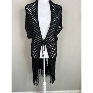 Artesia Crochet Cardigan Open Knit Cover-up Beaded Sweater‎ Black Duster XL Boho